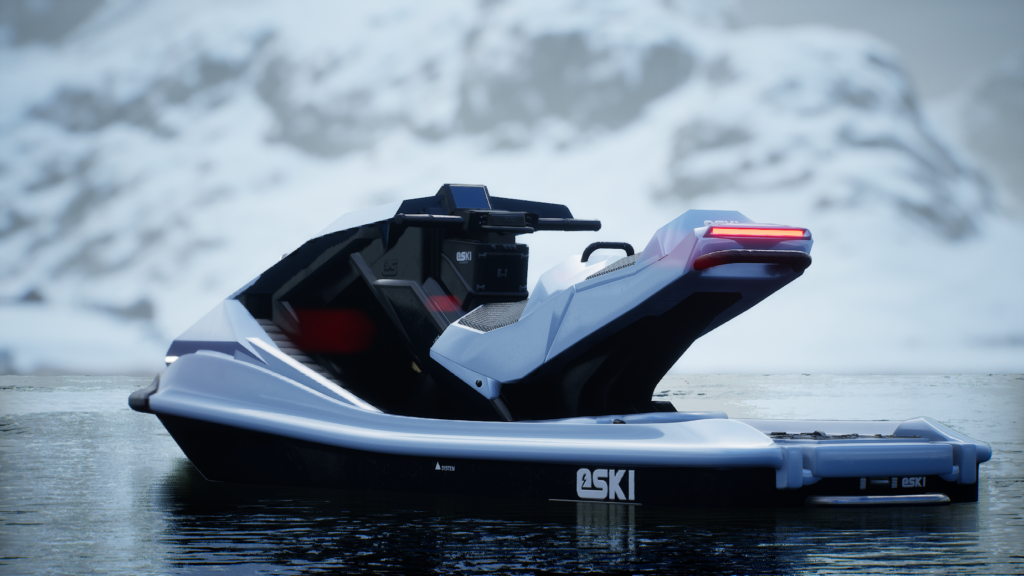 eSki's Trident ES1 electric jetski in white on calm, dark water with snow covered mountains in the distance